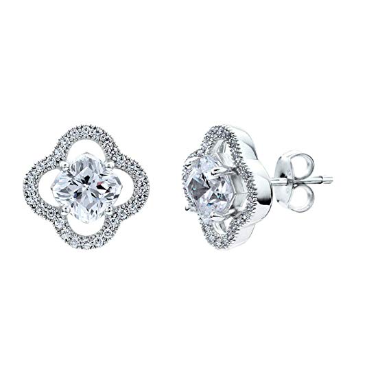 BERRICLE Rhodium Plated Sterling Silver Cushion Cut Cubic Zirconia CZ Halo Clover Anniversary Wedding Stud Earrings - Holiday Gift