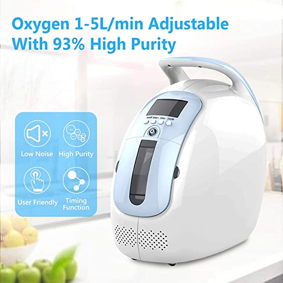 InLoveArts 1-5L/min Oxygen Concentrator Portable, LED Display Timing Function, Oxygen Adjustable O2 Generator with 93% High Purity (3L/min for Elderly)