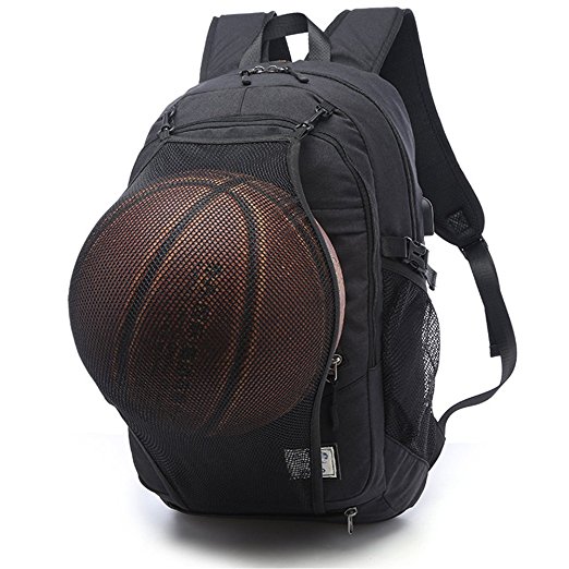 HaloVa Travel Backpack, Large Capacity Laptop Backpack with USB Charging Port, Waterproof School Bag with Basketball Mesh Exercise Fitness Backpack for College Student Men, Black