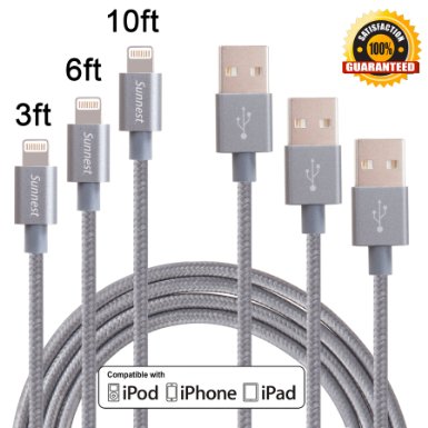 Sunnest 3Pack 3FT 6FT 10FT 3IN1 Tangle Free Nylon Braided 8 Pin Lightning Cable USB Charging Cord with Aluminum Connector for iPhone 66s6 plus6s plus 5c5s5 iPad AirMiniiPod NanoTouchGray