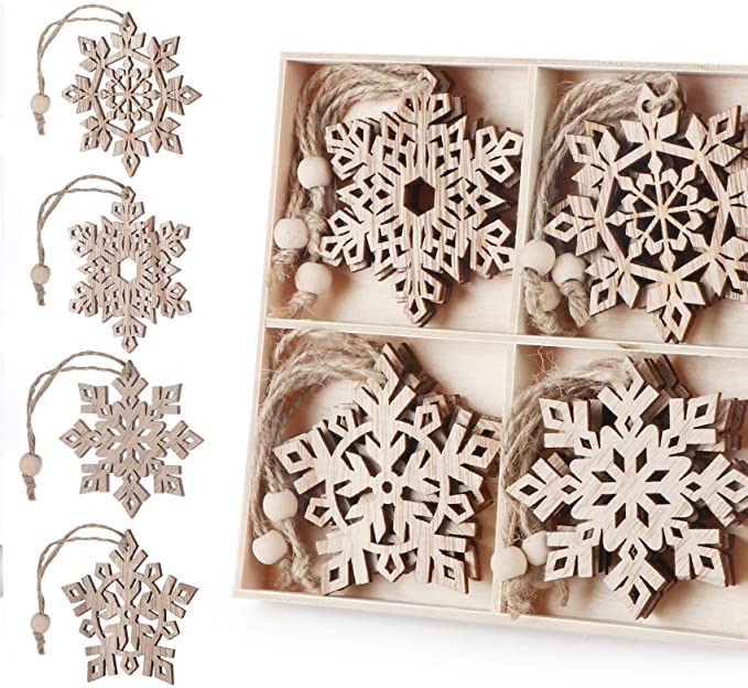 ilauke 16 pcs Unfinished Christmas Wood Snowflake Ornaments - 4 Style of Snowflake Ornaments Bulk with Twine, Christmas Tree Decorations Tags(2.75"-3")