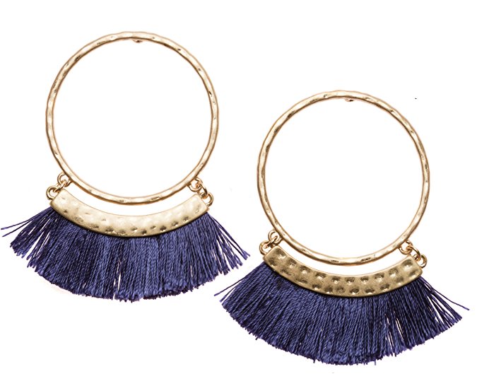 Tassel Hoop Earrings in Navy and Gold Color | Statement Earrings with Tassels in Deep Blue nickel free