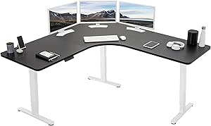 VIVO Electric Height Adjustable 71 x 71 inch Curved Corner Stand Up Desk, Black Table Top, White Frame, Memory Controller, L-Shaped Workstation, E3C Series, DESK-KIT-E3CWB