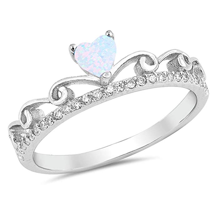 Sterling Silver Women's Colorless Cubic Zirconia White Lab Opal Princess Queen Crown Promise Heart Tiara Ring (Sizes 4-10)