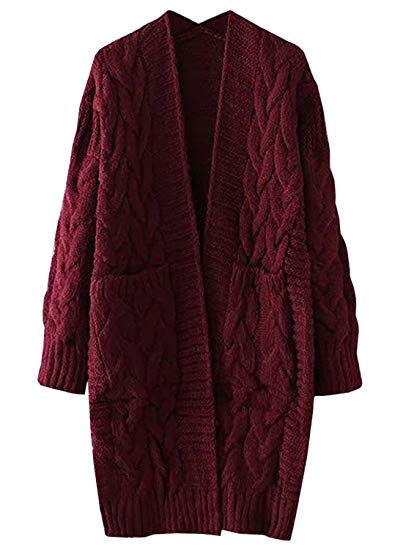 Futurino Women's Chunky Twist Knitted Open Front Patch Pocket Long Cardigan Oversized Coat