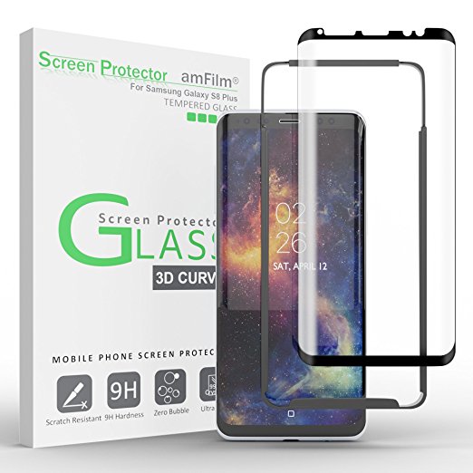 Galaxy S8 Plus Glass Screen Protector, amFilm Full Screen [Case Friendly][Easy Installation Tray] Dot Matrix 3D Curved Tempered Glass Screen Protector for Samsung Galaxy S8 Plus (Black)