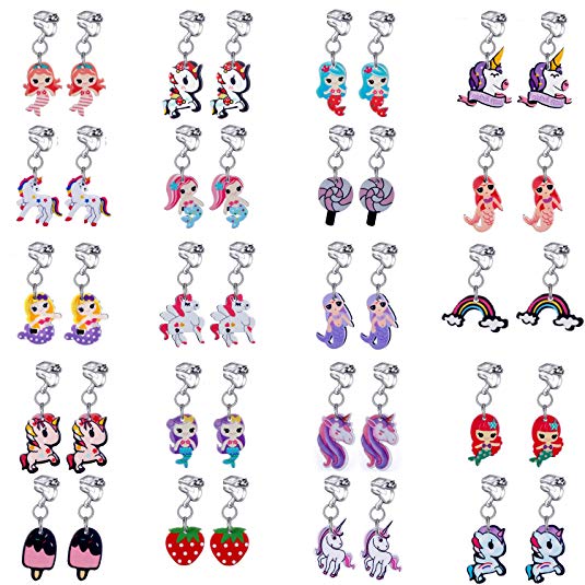 20 Pairs Clip on Earrings Princess Play Jewelry Earrings Set Mermaid Clipons Unicorn Clipon Earring Lollipop Ice Cream Dangle earring Rainbow Eardrop for little girls Toys
