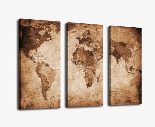 Vintage Map Art Canvas Prints Wall Art Decor Framed 30x42 Inch - 3 Panels Large Retro World Map Antiquated Map of World Abstract Painting Pictures Giclee Art Reproductions for Home Office Decoration