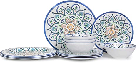 Melamine Dinnerware Set - 12 Pcs Plates and Bowls sets, Melamine dishes, Camping plates, Dishwasher Safe, Break-resistant