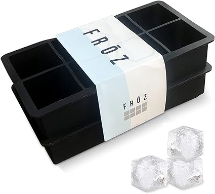 Froz Silicone Ice Cube Trays 2 Pack - Makes 8 Big 2 Inch Square Ice Cubes for Whiskey and Cocktails - Large King Size Mold for Freezer