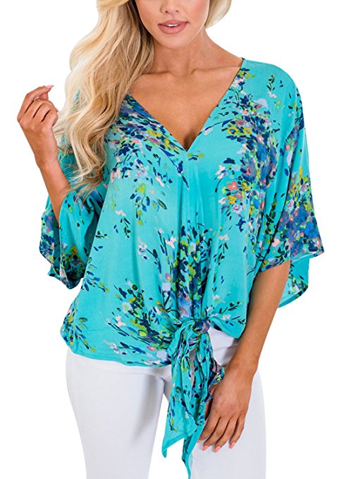 Dokotoo Womens Short Sleeve V Neck Floral Tie Front Flare Tops Chiffon Blouses