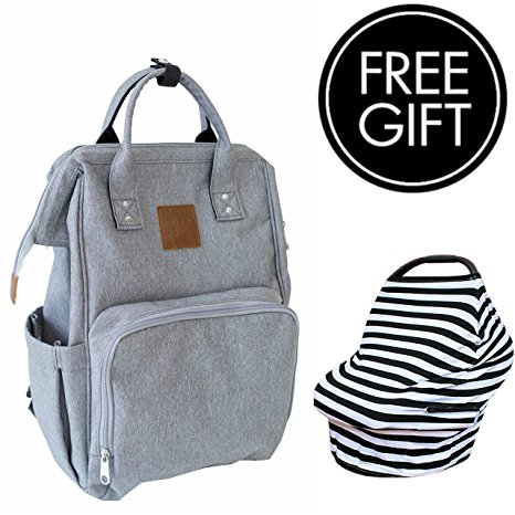 Citi Babies Traveler Diaper Bag Backpack - with FREE stretchy car seat canopy and nursing cover - Waterproof, insulated bottle pockets, organizer system - Best baby shower gift (Black & White Stripes)