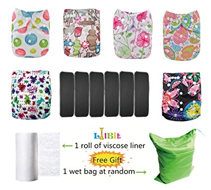 LilBit Baby 6pcs Pack Washable Reusable Adjustable Pocket Cloth Diaper   6 Five-Layers Bamboo Charcoal Inserts
