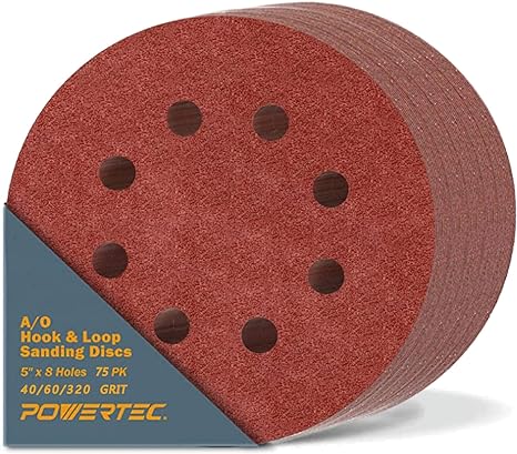 POWERTEC 45050, 75PK, 5 Inch 8 Hole Hook and Loop Sanding Discs, 40/60/320, Assorted Grits Sandpaper for Random Orbital Sanders