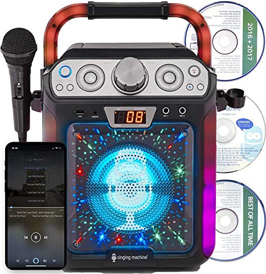 Singing Machine SML682BTW Bluetooth and CD Karaoke Machine with LED Lights and Microphone, Black