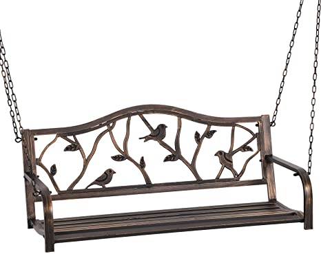 Sophia & William Outdoor Porch Swing Chair Hanging Patio Metal Bench Heavy Duty Swing Garden Bench with Bird Pattern Backrest, 450lbs Weight Capacity