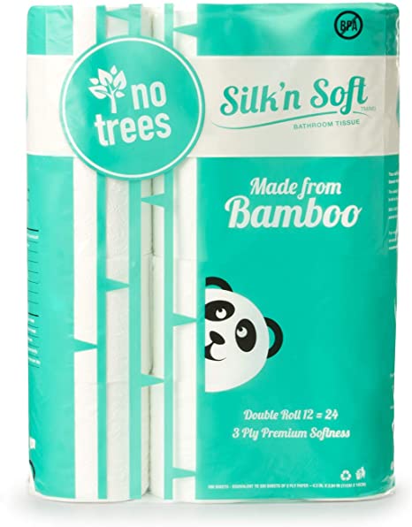 Silk'n Soft Bamboo Toilet Paper - Tree-Free Environment Safe Biodegradable Septic-Safe Fragrance Free Strong Dependable Panda Friendly Absorbent Bathroom Tissue 3-Ply (12 Rolls)