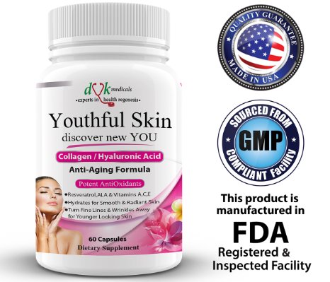 Youthful Skin-DVK MedicalsCollagen Hyaluronic acid and Antioxidants Resveratrol Green Tea ALA  Vitamins A Vitamin E and Vitamin C  Anti aging Anti wrinkle beauty supplement with Collagen