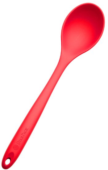 StarPack XL Size Silicone Serving Spoon (13.5") in Hygienic Solid Coating, Bonus 101 Cooking Tips (Cherry Red)