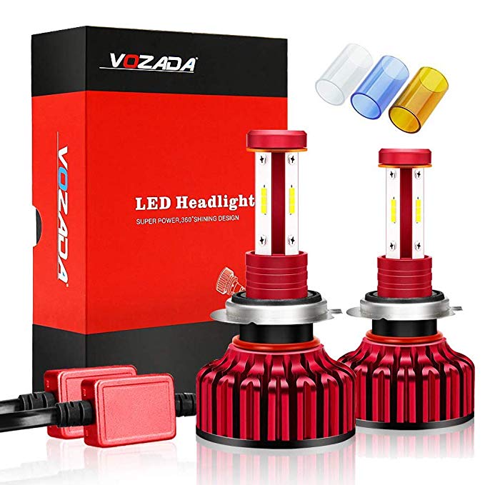 Vozada H7 LED Headlight Bulbs 8000lm - 4 Side CREE Chips Plug and Play Low Beam Headlights Conversion Kit with Cooling Fan and EMC Decoder, 6000K White/3600K Yellow/8000K Blue