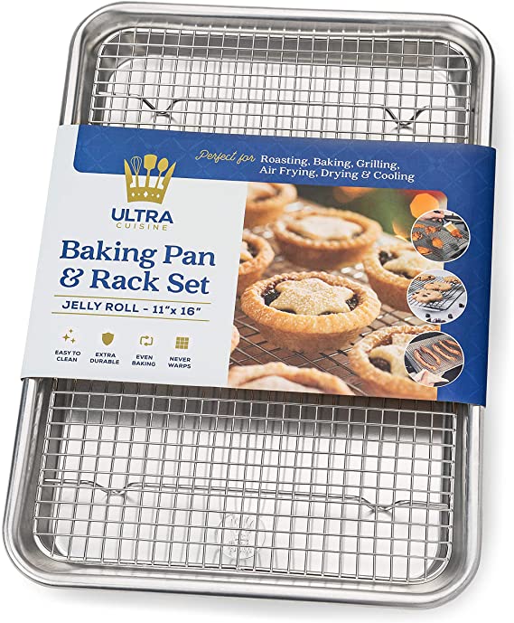 Baking Pan with Cooling Rack Set - Jelly Roll Sheet Pan Size - Includes Professional Aluminum Baking Sheet and Stainless Steel Baking Rack for Oven - Durable, Easy Clean, Commercial Quality