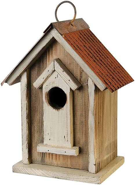 Carson Brown House Birdhouse with Cleanout Trap on The Back, 8.25-inch Height, Wood and Metal, Indoor, Outdoor Decorative Use