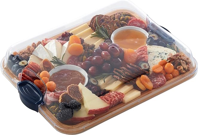 Farberware Build-A-Board Bamboo Cutting Board with Built-in Compartments and Clear Locking Lid with Navy Handles, Perfect for Charcuterie, Snacks, and More - Make it. Take it. Enjoy it, 11x14 Inches