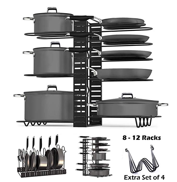 SKATCO Pot Organizer Rack – Metal Pots & Pans Organizer – Pantry & Kitchen Cabinet Organizer – Heavy Duty Lids, Dishes, Pots and Pans Organizer – Horizontal & Vertical Pan Rack with 3 Use Methods