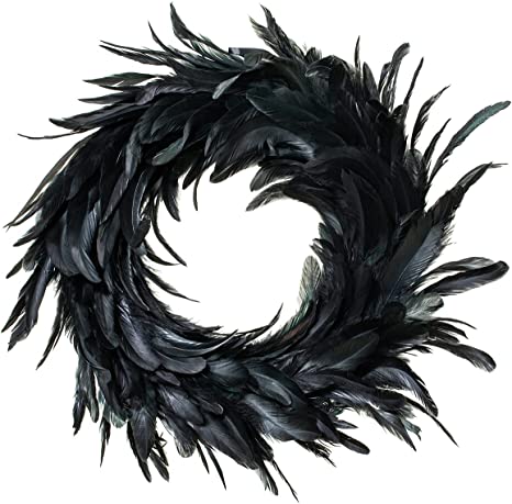 YIIA 18-inch Black Feather Wreath, Mysterious Cocktail Feathers, Hung in Front of The Door, Courtyard, Bedroom