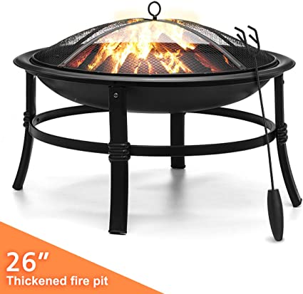 KINGSO Fire Pit, 26'' Fire Pits Outdoor Wood Burning Steel BBQ Grill Firepit Bowl with Mesh Spark Screen Cover Log Grate Wood Fire Poker for Camping Picnic Bonfire Patio Backyard Garden Beaches Park