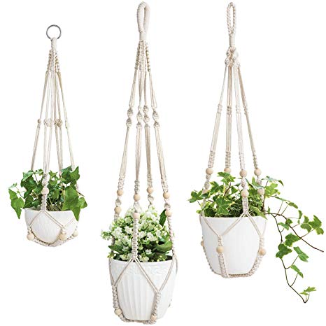 Mkono 3 Pack Macrame Plant Hangers Indoor Hanging Planter Basket Flower Pot Holder Cotton Rope with Beads No Tassels, 23"/29"/35"