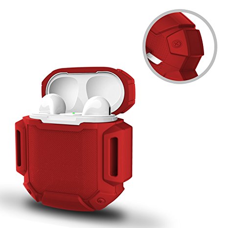 Shock Resistant Case Waterproof Protective Silicone Cover Running Design with Hard Sleeve and Keychain for Charging Apple AirPods(Red)