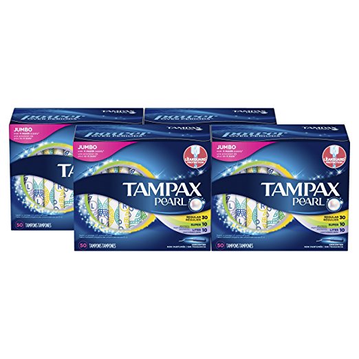 Tampax Pearl Plastic Tampons, Light/Regular/Super Absorbency Multipack, Unscented, 50 Count, 4 Boxes, (Total 200 Count)