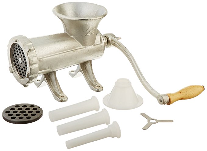 Weston #22 Manual Tinned Meat Grinder and Sausage Stuffer (36-2201-W), 2 plate sizes,  3 sausage funnels