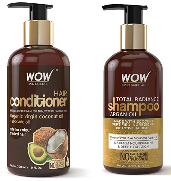 WOW Coconut & Avocado Oil No Parabens & Sulphate Hair Conditioner, 300mL & Total Radiance No Parabens, Sulphate & Silicone Shampoo, 300mL Combo