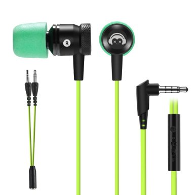 Earphones, Grandbeing Portable Wired In-Ear Stereo Bass Gaming Headphones with Memory Foam Earbuds with MIC, 1.7m Cable Length with 3.5mm Jack and Audio Splitter Cable for PC and Cell Phones, Green