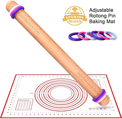 Rolling Pin With Thickness Rings And Silicone Baking Mat Set,K KERNOWO 16’’x1.4’’ Adjustable Wood Rolling Pins,Dough Roller and Pastry Mat Kits for Baking, Fondant,Pizza, Cake Pie,Cookie