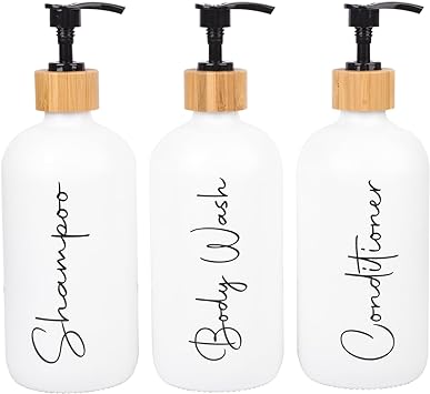 17 oz Shampoo and Conditioner Pump Bottles Soap Dispenser Bamboo Pump Head Empty Glass Refillable Shampoo Conditioner Body Wash Soap Bottles for Bathroom, 3 Pack, White