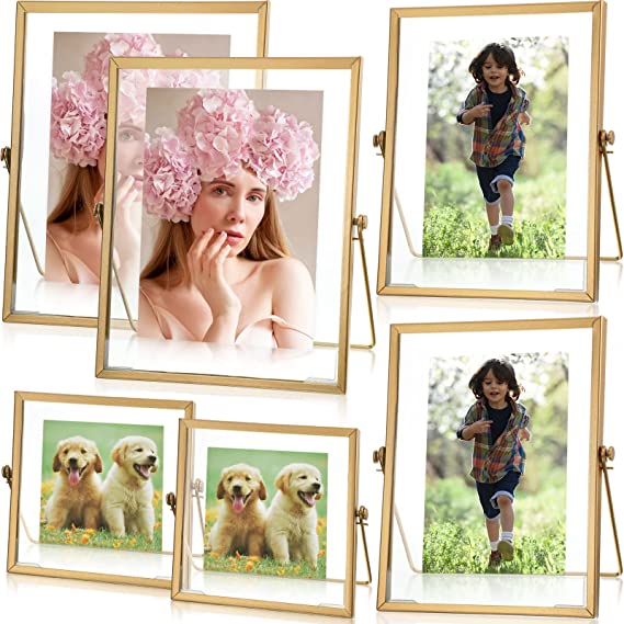 Set of 6 Metal Picture Frames Vintage Minimal Ornate Floating Easel Stand Photo Frames Antique Vertical Glass Frame for Pictures Photos Desk Tabletop Display, 4 Inches, 6 Inches, 7 Inches (Rose Gold) (Gold)