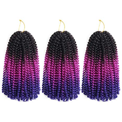 Spring Twist Hair Ombre Colors 3 Packs Synthetic Braiding Hair Extensions 8 inch fashion Crochet Braids (3 Packs,Black Violet Blue)