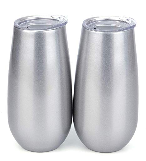 SUNWILL Champagne Flutes Insulated Toasting Glasses 2pack, Double Wall Stemless Wine Champagne Tumbler with Lid, Reusable Cups for Cocktail, 6oz Silver