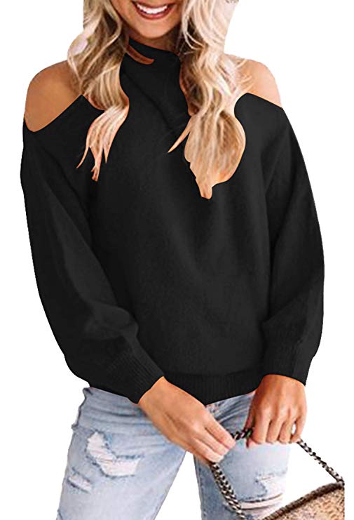 Angashion Women's Sweaters Casual Off Shoulder Tops Crossed V- Neck Long Sleeve Crop Halter Pullover