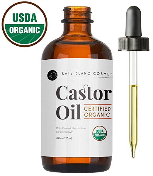 Castor Oil (4oz), USDA Certified Organic, 100% Pure, Cold Pressed, Hexane Free by Kate Blanc. Stimulate Growth for Eyelashes, Eyebrows, & Hair. Skin Moisturizer & Oil Cleanse. FREE Starter Kit