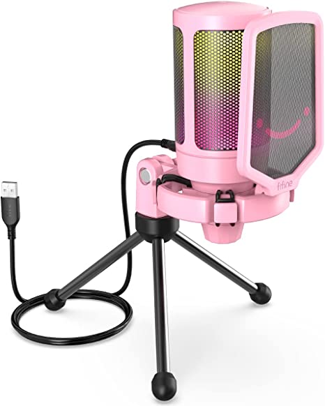 USB Gaming PC Microphone for Streaming Podcasts, AmpliGame RGB Computer Condenser Desktop Mic, Cardioid Pickup Pattern for YouTube Video, Play and Play on PS4 PS5, with Quick Mute, Mic Gain-Pink