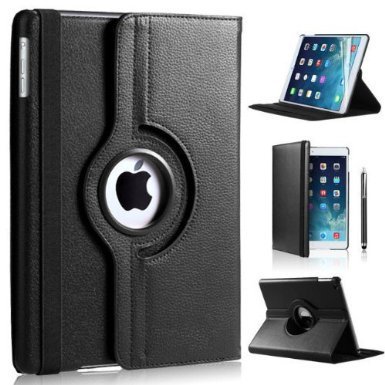 New iPad 9.7 2018/2017 Case, DN-Technology 360 Degree Rotating Leather Wallet Stand Case Cover With New iPad 9.7 inch 2018 Screen Protector [New iPad Case 9.7 inch 2017/2018] (Black)