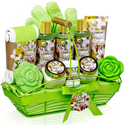 Bath and Body Gift Basket For Women and Men – Magnolia and Jasmine Home Spa Set, Includes Fragrant Lotions, Bath Bomb, Towel, Shower Gloves, Green Wired Bread Basket and More - 13 Piece Set