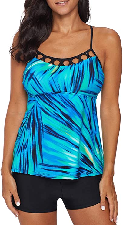 EVALESS Women's Two Piece Printed Tie Side Tankini Tops Skirted Bottom Swimsuit Set(S-XXXL)