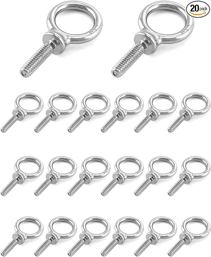 QWORK Eye Bolt, 20 Pack 1/4" - 20 x 1" Marine Grade Stainless Steel Lifting Ring Threaded Eyebolts