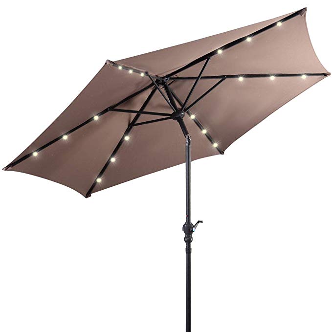 Giantex 9ft Market Patio Umbrella w/Solar Lights, Outdoor Table Umbrella w/Push Button Tilt and Crank, 180G Polyester and Sturdy Ribs, Sun Umbrellas for Market Garden Beach Pool (Tan)