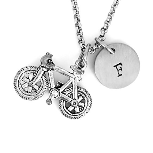 Antique Silver Plated Pewter Bicycle Necklace, personalized with hand stamped stainless steel initial charm. Bicycle Jewelry. Bike Charm.